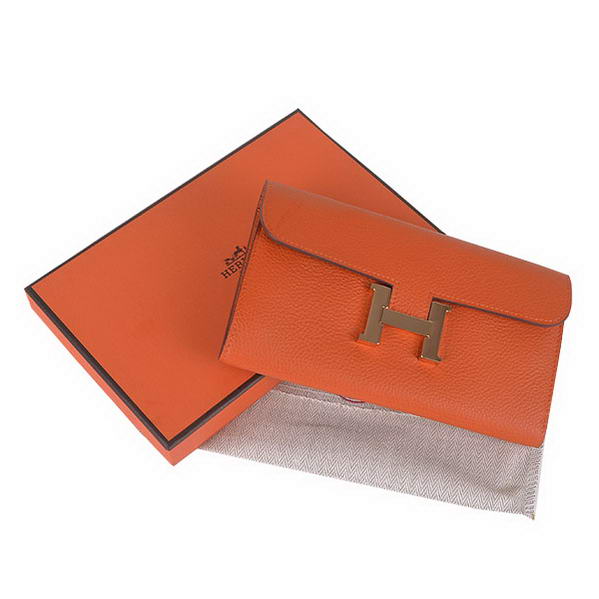 Cheap Fake Hermes Constance Long Wallets Orange Calfskin Leather Gold